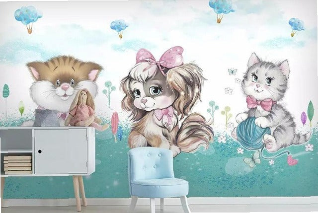 beibehang Custom fashion hand-painted watercolor cute cat dog animal pet children's room background papel de parede 3d wallpaper