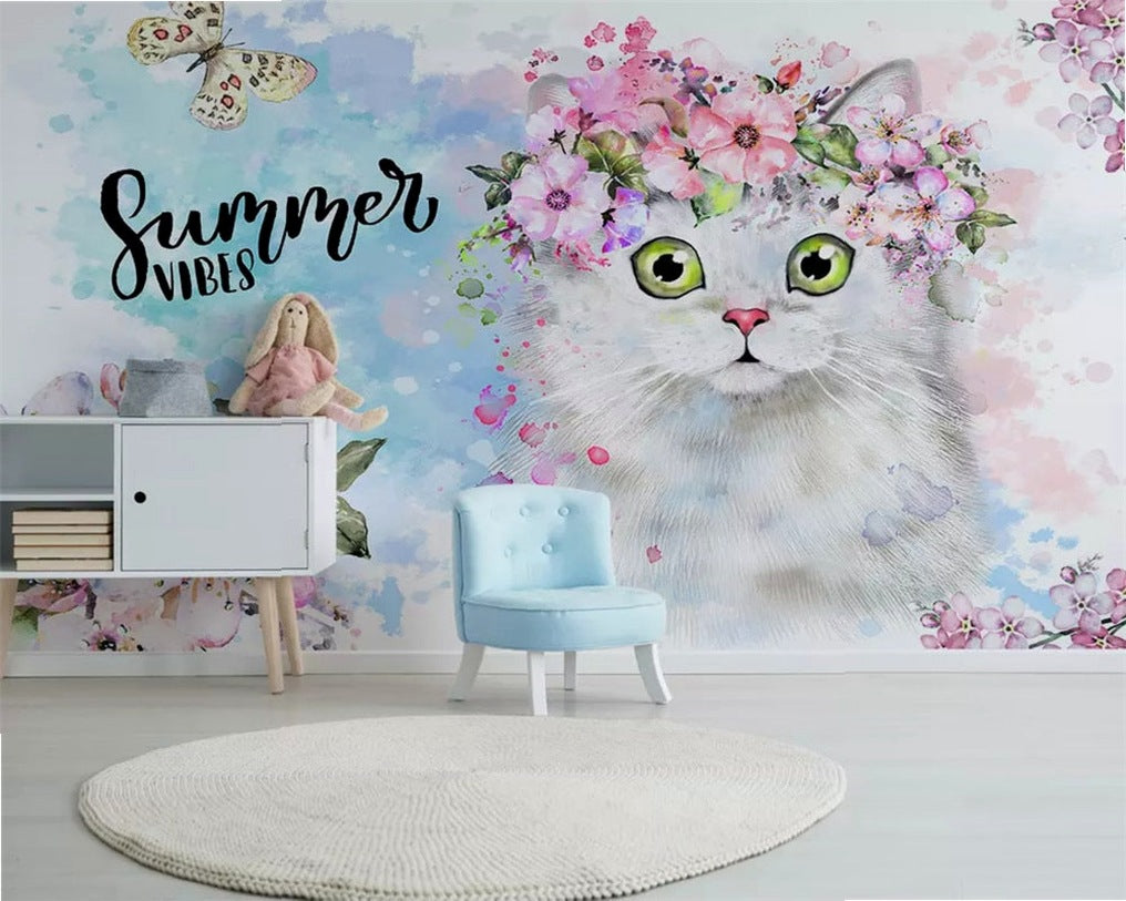 beibehang Custom fashion hand-painted watercolor cute cat dog animal pet children's room background papel de parede 3d wallpaper